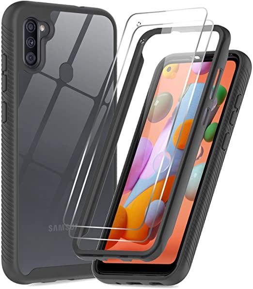 Samsung A11 Case, Samsung Galaxy A11 Case with 2 PCS Tempered Glass Screen Protector, LeYi Full-Body Protective Rugged Hybrid Bumper Shockproof Clear Phone Cover Cases for Galaxy A11, Black