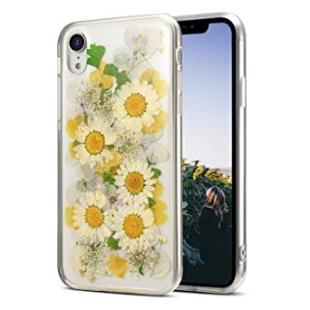 iPhone XR Clear Case Floral Design for Cute Women Girls [Preserved Flowers Pressed] [Slim Fit] [Shockproof] Soft Silicone Phone Cover for iPhone XR 6.1'',Sunflower Yellow
