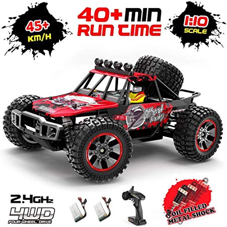 RC Car,1:10 Scale 4MD/46KM/H High Speed All Terrain Off-Road Buggy.Large Monster Waterproof Trucks, 2.4 GHz Radio Controlled Car,2 Rechargeable Batteries,Alloy Oil Pressure Shock Absorber