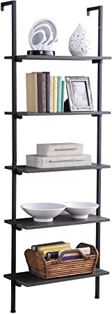 Ladder Shelf, Ohuhu 5 Tier Industrial Open Bookshelf, Wood Wall Mount Bookcase with Metal Frame, 72 Inches Storage Shelves Plant Flower Stand, Utensil Storage for Office Livingroom Bedroom Kitchen