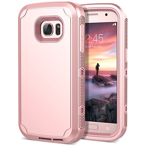 Galaxy S7 Case, CinoCase Triple Layer Heavy Duty Armor Protective Case Inner High Impact Rugged Solid Hard PC Outer Soft Silicon Rubber 3 in 1 Tough Cover for Samsung Galaxy S7 - Rose Gold
