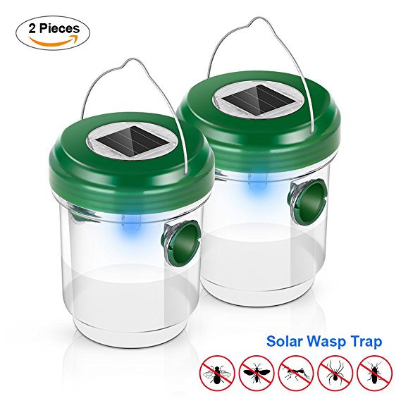 Elindio Wasp Trap Catcher, Life Outdoor Solar Powered Fly Trap with Ultraviolet LED Light Waterproof for Trapping Bees, Wasps, Hornets, Yellow Jackets, Bugs in Home Garden - Reusable(2 pack)