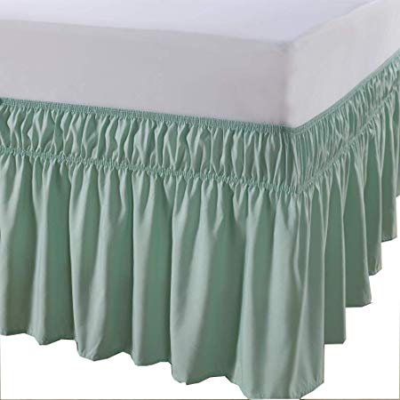 MEILA Three Fabric Sides Wrap Around Elastic Solid Bed Skirt, Easy On/Easy Off Dust Ruffled Bed Skirts 16 Inch Tailored Drop (LightGreen Queen/King)
