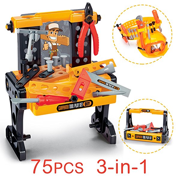 EXERCISE N PLAY 75PCS Workbench Kids Tool Sets Workshop Construction Box Kits,Realistic Children's Educational Play - Best Tool Kit Bench For Toddlers Kids Boys and Girls
