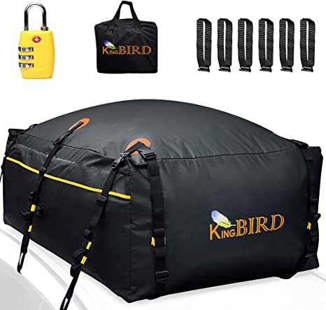 KING BIRD 100% Waterproof Rooftop Cargo Carrier Bag 20 Cubic Feet with Non-Slip Bottom+6 Door Hooks+Luggage Lock Fits All Vehicles with or Without Rack