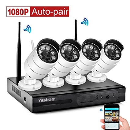 Yeskam Home Security Camera System 1080P Wireless 4 Channel Full HD Surveillance Cameras Auto Pair 2.0 Megapixel DVR Recorder Outdoor CCTV KIT No Hard Drive