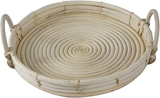 Set of 2 Round 12.6" Wicker Serving Trays and Coffee Trays with Rattan Handles | Hand Woven Rustic Farmhouse Decorative Trays for Breakfast, Coffee Table, Kitchen, Living Room, Bathroom (White)