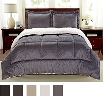 Cathay Home Fashions Reversible Faux Fur and Sherpa 3 Piece Comforter Set, Queen, Pewter