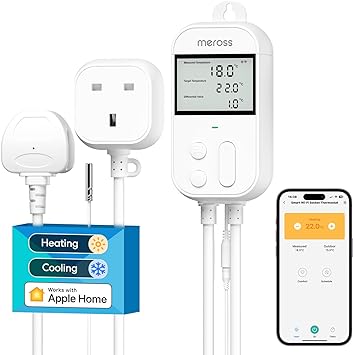 Meross Smart Thermostat with Energy Monitoring, WiFi Digital Thermostat Plug Socket for Heating and Cooling, Temperature Controller Works with HomeKit Alexa Google Home, 2M Sensor Probe, 13A, 2990W