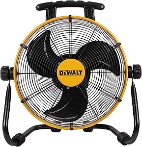 DEWALT DXF1840 Floor Fan, Industrial Fan, 18 Inch High Velocity Fan with 3-Speed Heavy Duty Air Circulator and 180 Adjustable Tilt, Large Electric Metal Rotating Garage Fan, Drum Fan for Work, Yellow