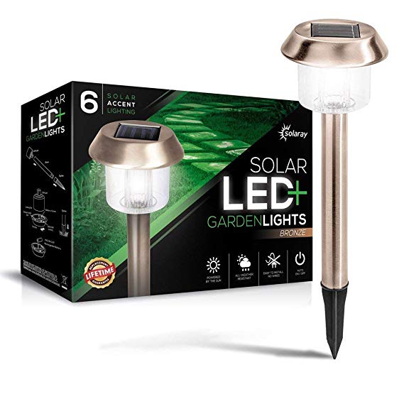 Solar-Powered LED Bronze Garden Lights, Lifetime Replacement Guarantee', Perfect Neutral Design; Makes Garden Pathways & Flower Beds Look Great; Easy NO-Wire Installation; Weather Resistant.