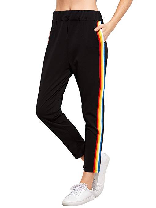 Romwe Women's Casual Athletic Rainbow Stripe Sweatpants Yoga Elastic Waist Jogger Track Pants