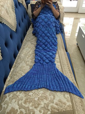 Mermaid Tail Blanket - KAZOKU Handmade Crochet Mermaid Blanket for Kids Adult, All Seasons Warm Soft Air Condition Quilt Living Room Sleeping Bags 71''x33'' Sky Blue