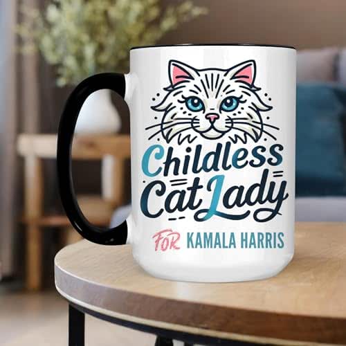 Kamala Harris Childless Cat Lady Ceramic Mug with Cat Illustration (15 oz black accent)