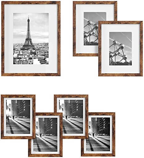 SONGMICS Picture Frames Set of 7 Pieces, One 11 x 14 Inches, Two 8 x 10 Inches, Four 6 x 8 Inches, with White Mat, Real Glass, for Multiple Photos, Rustic Brown URPF037X01