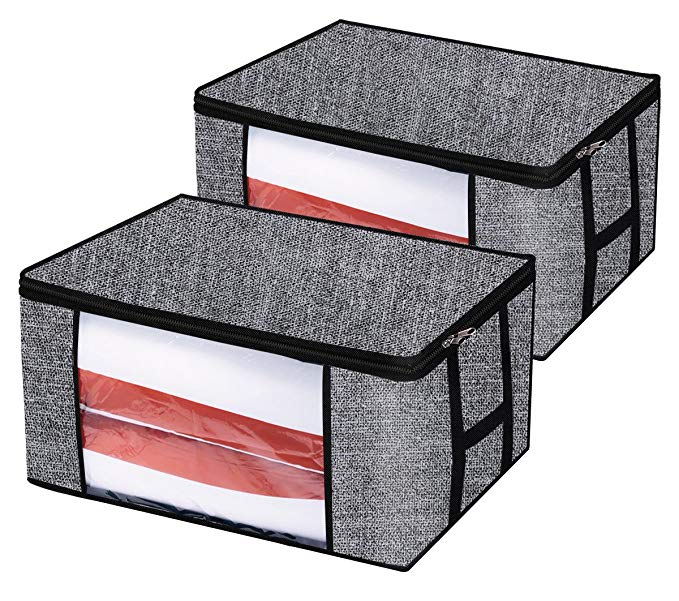 homyfort Pack of 2 Duvet Storage Bags with Zips- Reinforced Handles- Clear Window, Large Capacity Under Bed Storage Bag for Comforters, Blankets, 81L 60 x 45 x 30 cm, Black Linen-like Prints, XAR60M