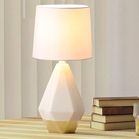 SOTTAE Modern Ceramic Small White Gold Irregular Geometric Livingroom Bedroom Bedside Table Lamp, Desk Lamp with White Fabric Shade