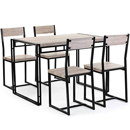 VonHaus Rustic Dining Set – Modern Industrial Design 4 Seater Wooden Effect Dinner Table & 4 Chairs – 5 Piece Dining Room Furniture