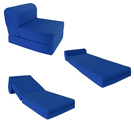 Royal Blue Sleeper Chair Folding Foam Bed Sized 6" Thick X 32" Wide X 70" Long, Studio Guest Foldable Chair Beds, Foam Sofa, Couch, High Density Foam 1.8 Pounds.