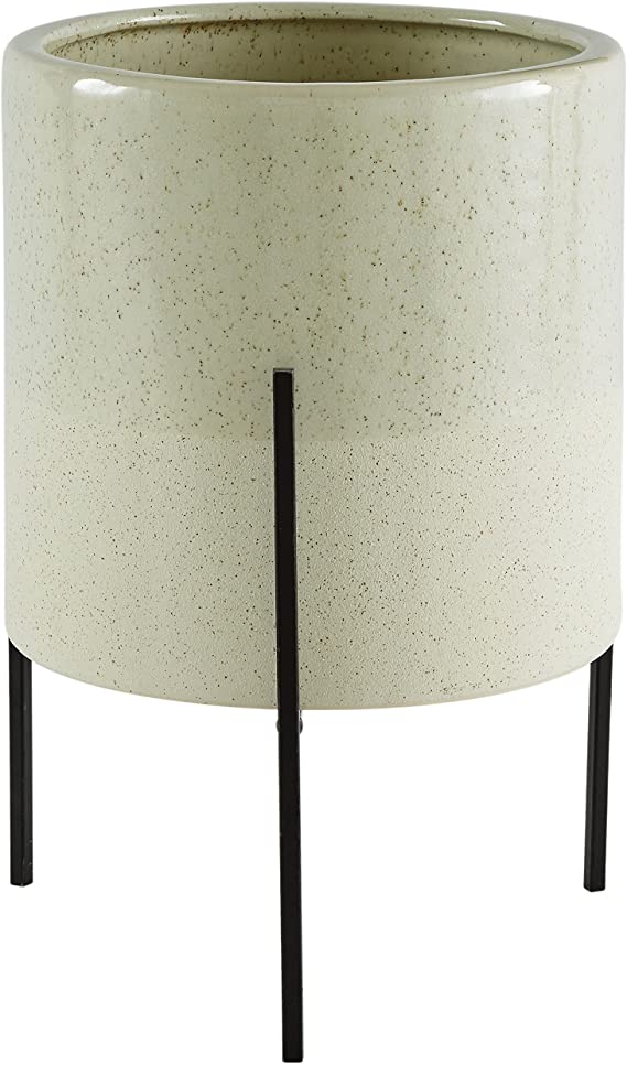 Rivet Mid-Century Ceramic Planter with Iron Stand 14"H, Pale Green