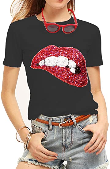 Women's Sequined Sparkely Glittery Lip Print T Shirt Cute Embroidery Teen Girls Tops
