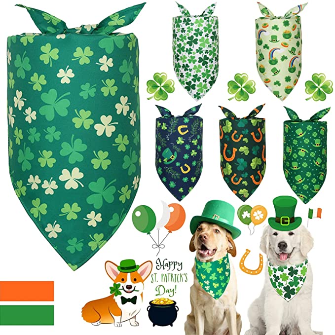 St. Patrick's Day Dog Bandanas - 6 Pack Irish Clover Shamrock Triangle Scarf Adjustable Pet Bibs St Patrick Kerchief Set Costume Accessories Decorations for Dogs Cats Pets (Small)