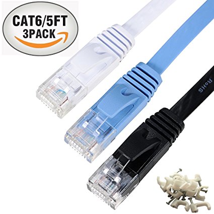 Cat6 Ethernet Cable 3 Pack-5 Feet Black Blue White,Rj45 Cable,Snagless RJ45 Flat CAT6 Patch Cable