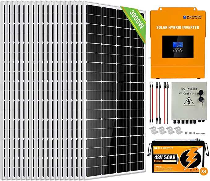 ECO-WORTHY 16KWH 4KW 48V Solar Power Complete System for Home Shed: 20pcs 195W Solar Panel   1pc 3500W 48V All-in-one Solar Charge Inverter   4pcs 48V 50AH Lithium Battery   1pc 6 String Combiner Box