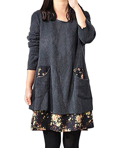 ZANZEA Women's Sexy Casual Autumn Loose Floral Print Long Sleeve Pocket O-Neck Tops Mini Dress