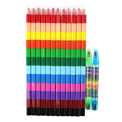 SUMERSHA 12pcs 12 Colors Crayons Stacking Buildable Paint Crayons Stackable Toys for Kids & Child Building-Blocks with 2pcs Small Crayons Party Favors Safe and Non-Toxic