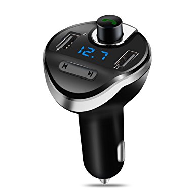 Bluetooth FM Transmitter for Car Hands free Calling, SolidPin Wireless In-Car FM Modulator Radio Adapter Car Kit with USB Charger & Voltage Detection for iPhone 7 Samsung S8 Android Smartphone/ Tablet