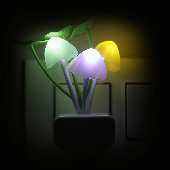 ComSaf Plug in Wall LED Mushroom Night Light Lamp with Dusk to Dawn Sensor, Auto On/Off Cute Color Changing Bed Nightlight LED Wall Light - Dim Night Light for Bedroom [Pack of 1]