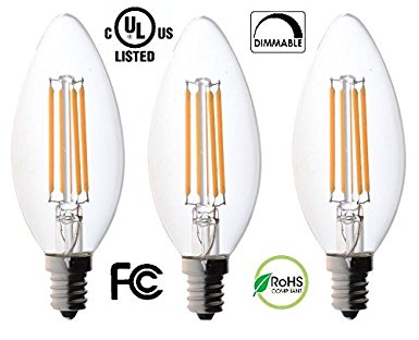 3-pack Bioluz LED™ Dimmable Filament Candelabra Clear 60 Watt LED Bulbs (Uses only 4.5 watts), E12 Base, C37 High Efficiency, 360° LED Candle Bulbs, Pack of 3