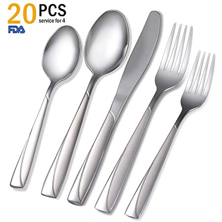 Flatware Set, VKEEW Silverware Set Stainless Steel Cutlery Set Home Kitchen Hotel Restaurant Tableware, Dishwasher Safe (Silver, 18/10 Steel，20pcs)