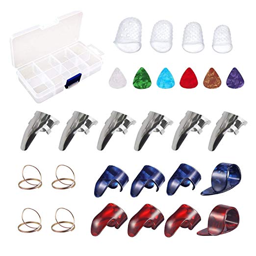 Guitar Accessories Kit Including 18pcs Finger Pick Thumb Pick Set Guitar Picks 6 Pcs Guitar Picks 4 Pcs Clear Guitar Finger Protectors with Grid Case Storage Box