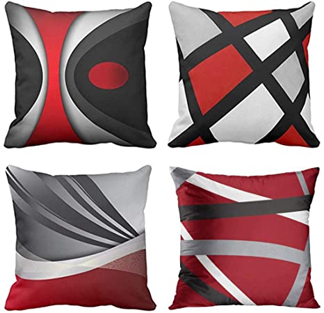 Emvency Set of 4 Throw Pillow Covers Modern Abstract Red Stripes Gray Black White Acrylic Bold Grey Decorative Pillow Cases Home Decor Square 18x18 Inches Pillowcases