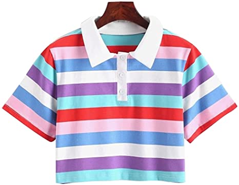 Women Polo Crop Tops Collar Half Button Short Sleeve Striped T Shirt