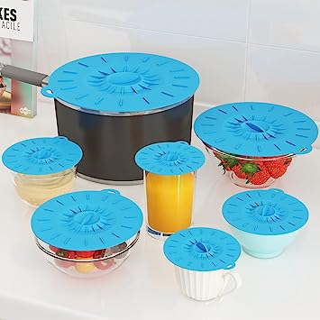 7 Pack Silicone Lids, Microwave Splatter Cover, 5 Sizes Reusable Heat Resistant Food Suction Lids fits Cups, Bowls, Plates, Pots, Pans, Skillets, Stove Top, Oven, Fridge BPA Free (Blue)