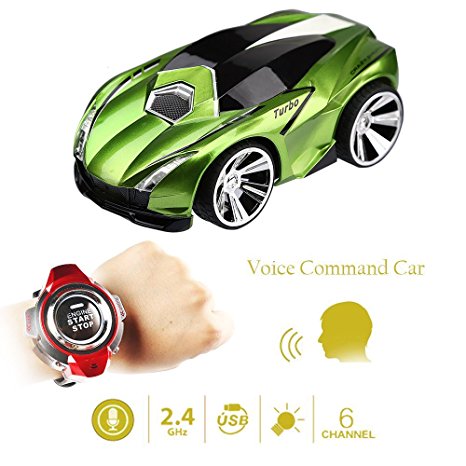 Buenotoys Rechargeable Voice Control Toy Vehicle Race Car Voice Command by Smart Watch Creative Voice-activated Remote Control RC Car - Green