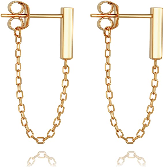 925 Sterling Silver Gold Chain Earrings - Bar Drop Line Chain Dangle - Small Cute Staple Bar Cable Studs for Women or Girls - Minimalist Modern Design by Galis (Silver & Gold-Plated variations)