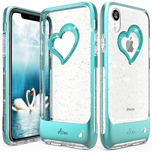 Vena iPhone XR Case, [vLove] Silver Glitter Bling Heart Case Cover Slim Dual Layer Protection Compatible with Apple iPhone XR - Teal/Clear