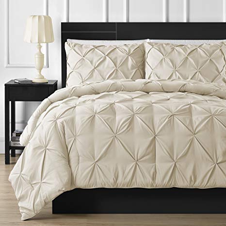 Double Needle Durable Stitching Comfy Bedding 3-piece Pinch Pleat Comforter Set All Season Pintuck Style (Full, Beige)