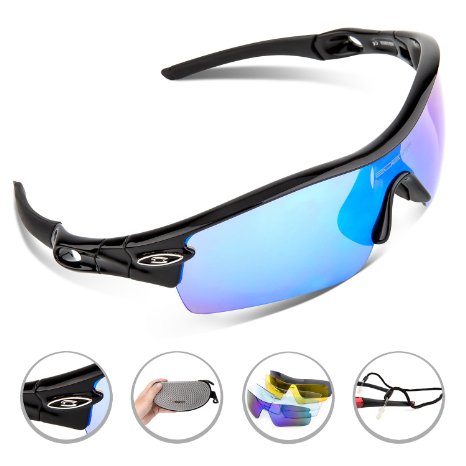 RIVBOS® 805 Polarized Sports Sunglasses Glasses with 5 Set Interchangeable Lenses for Cycling