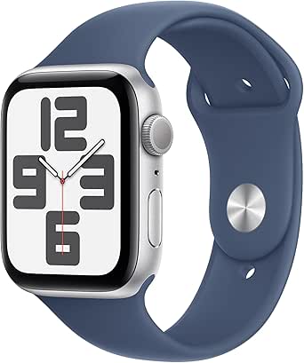 Apple Watch SE (2nd Gen) [GPS 44mm] Smartwatch with Silver Aluminium Case with Denim Sport Band S/M. Fitness and Sleep Trackers, Crash Detection, Heart Rate Monitor, Retina Display