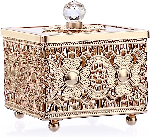 Hipiwe Hollow-carved Metal Jewelry Box with Glass Lid, Gold Mirrored Trinket Organizer Square Treasure Box for Ring Earrings Necklace, Christmas Birthday Gift for Women Girls