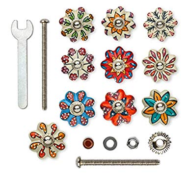 Set of 10 Handmade Flower Knobs | Colorful Multi Design Ceramic Cabinet Knobs | Drawer Pulls Ideal for Any Home, Kitchen or Office | These Drawer Knobs Comes with 1 Wrench, Screw Cap & Bolts