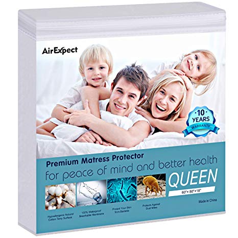 Waterproof Mattress Protector Queen Size - AirExpect  100% Organic Cotton Hypoallergenic Breathable Mattress Pad Cover, 18" Deep Pocket, Vinyl Free - 60" x 80"