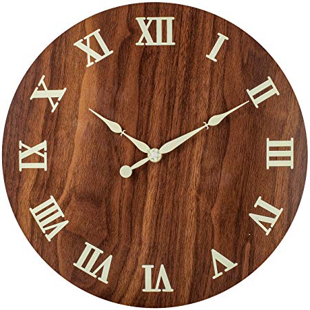 BEW Luminous Wall Clock, Classic Roman Numerals Silent Non-Ticking Battery Operated, Retro Decorative Clock for Living/Dining/Kids Bedroom/Kitchen (12 Inch Wood Grain)