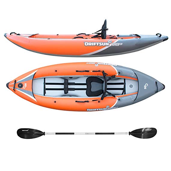 Driftsun Rover 120 Inflatable White-Water Kayak with High Pressure Floor and EVA Padded Seats with High Back Support, Includes Action Cam Mount, Aluminum Paddles, Pump and More