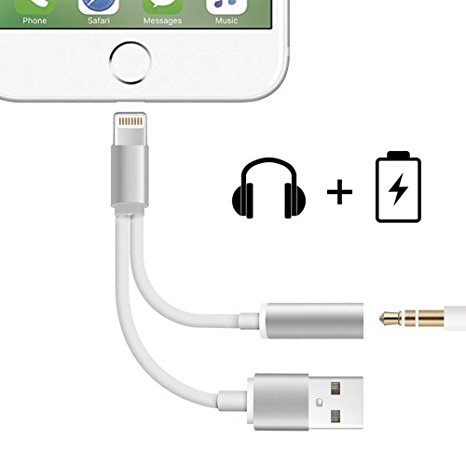 Lightning to 3.5mm Audio Adapter for iPhone 7 / 7 Plus, 2 in 1 Lightning Charger and 3.5mm Earphones Jack Cable for iPhone 7/7 Plus/6s/6/5s/5[No Music Control]